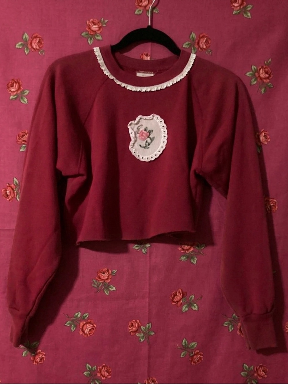 Vintage cropped red needlepoint sweatshirt